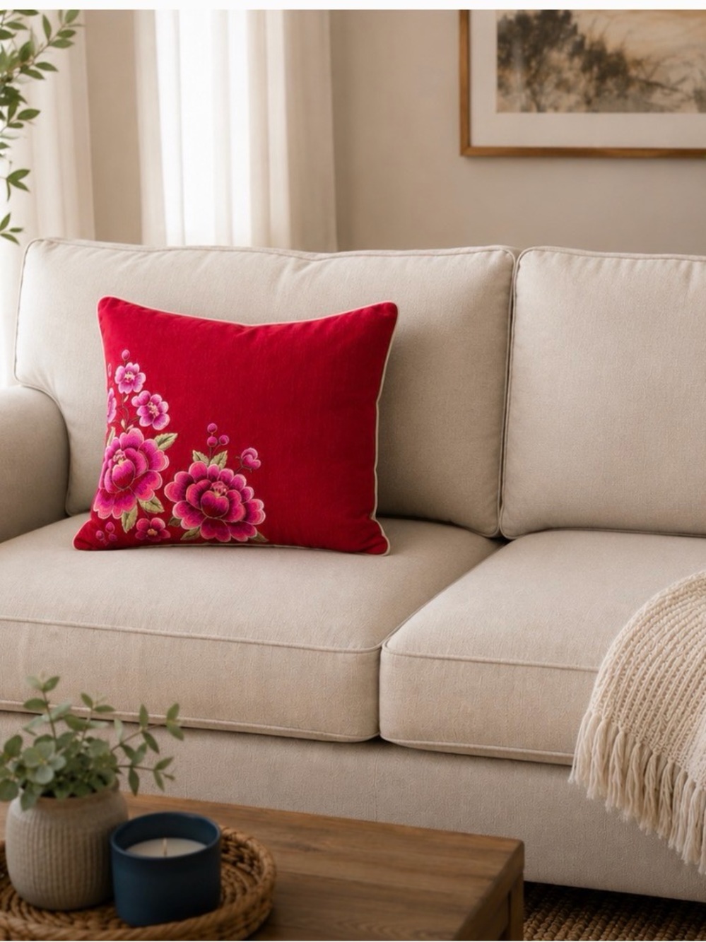 Anthro PIP studio Embroidered Red Velvet Floral pillow cushion cover
